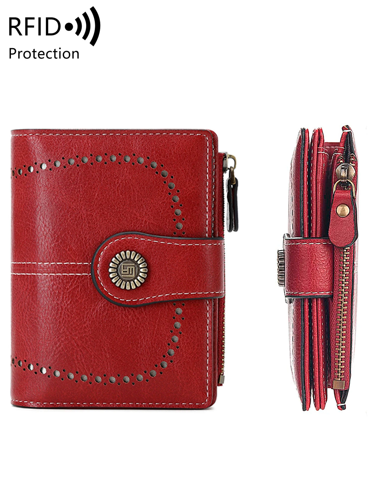 A red leather multi-fold wallet with stitching and a protective RFID shield.