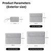 Diagram showing the exterior dimensions of a grey PU laptop sleeve in various sizes.