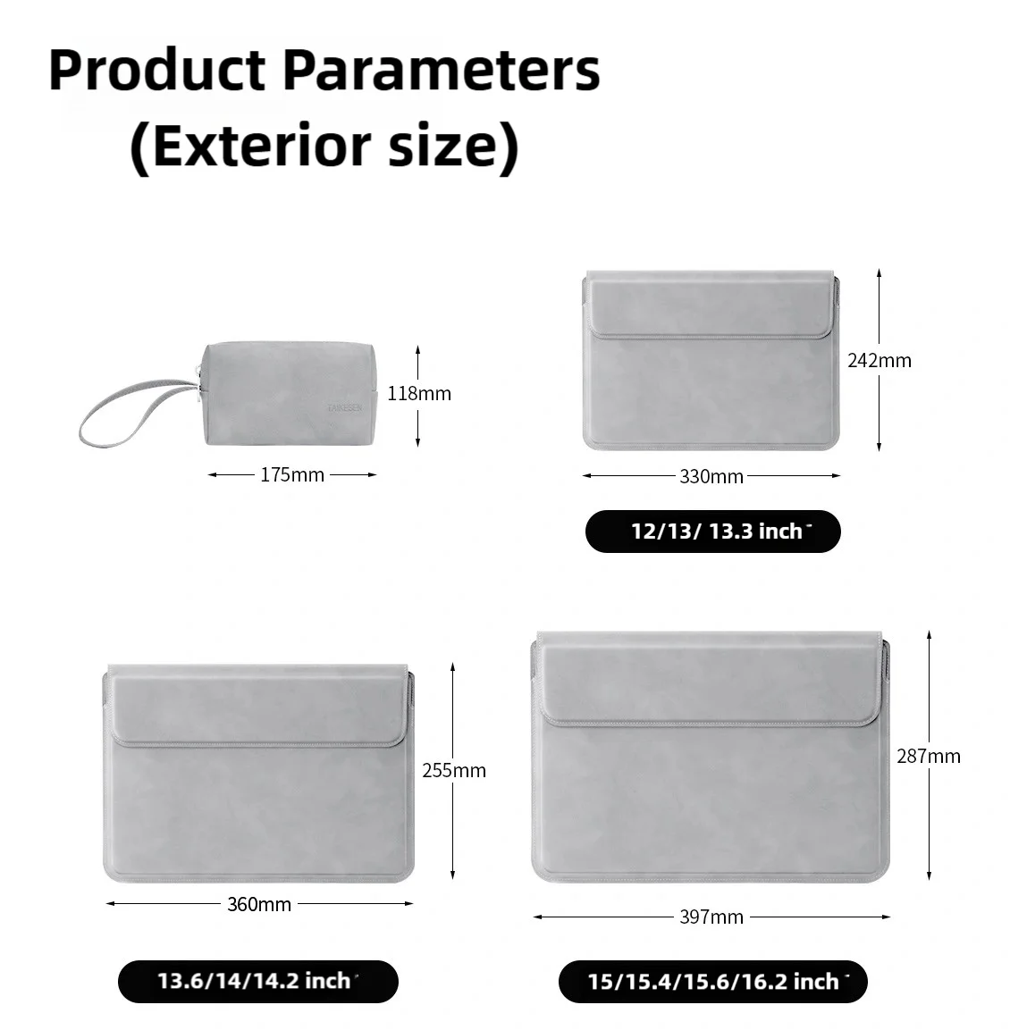 Diagram showing the exterior dimensions of a grey PU laptop sleeve in various sizes.