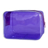 A transparent purple PVC travel makeup bag with a zipper closure.