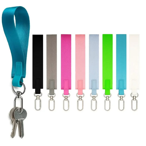 Multicolor nylon wrist strap keychains featuring various colored straps and metal split rings.
