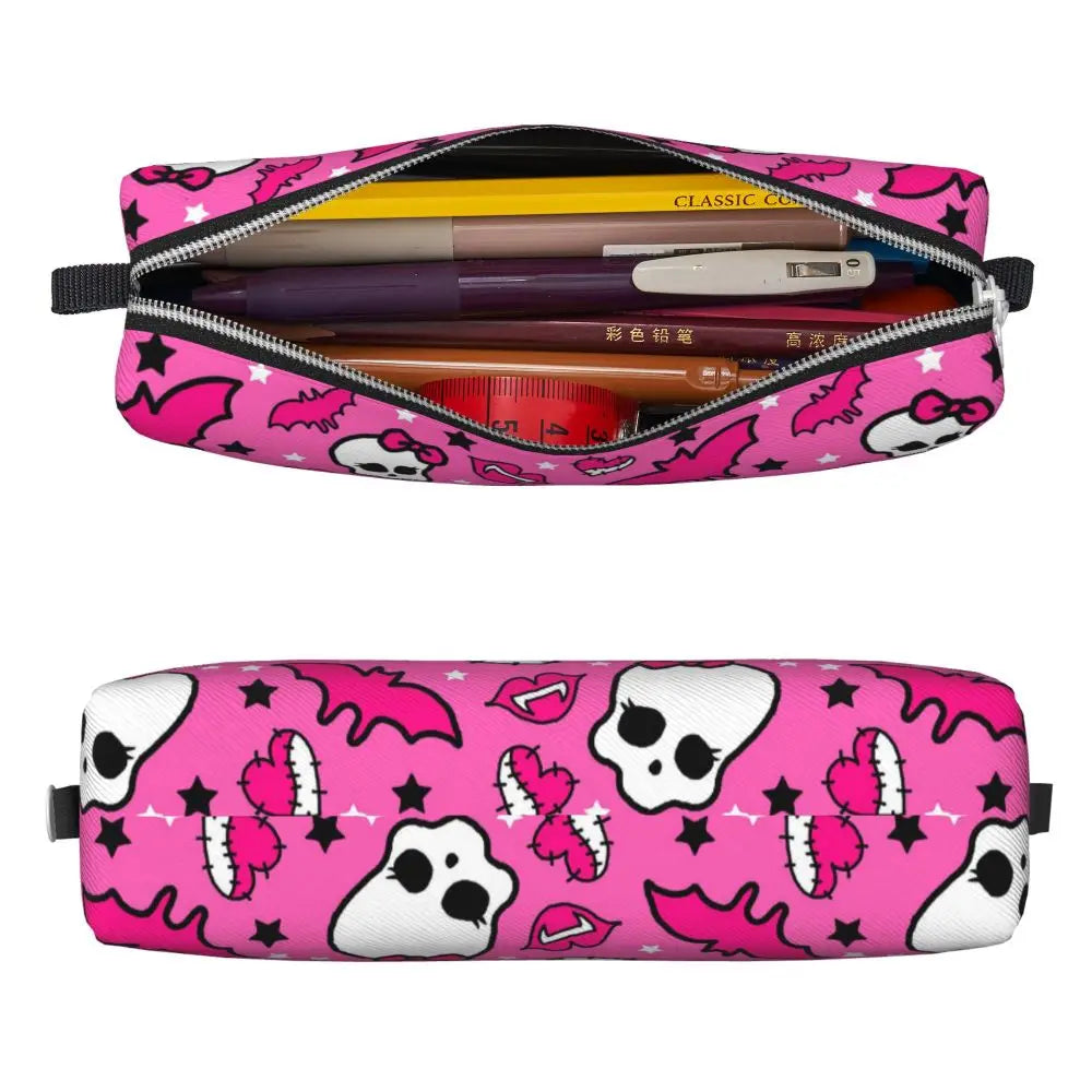 Pink patterned leather pencil case with a zipper containing pens and pencils.