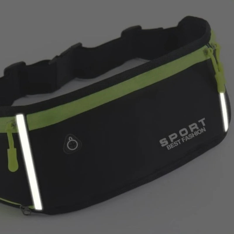 A black running belt with lime green accents and a water bottle pocket is shown from above.