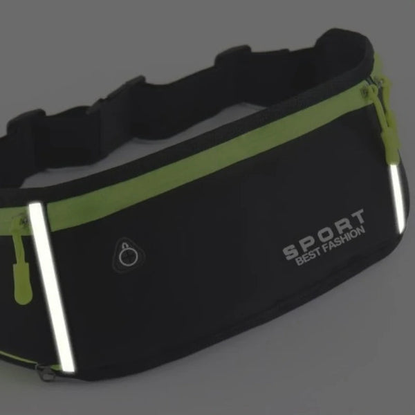 A black running belt with lime green accents and a water bottle pocket is shown from above.