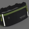 A black running belt with lime green accents and a water bottle pocket shown from above.