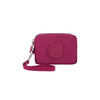 A magenta compact three-layer nylon zipper pouch with a circular logo on the front.
