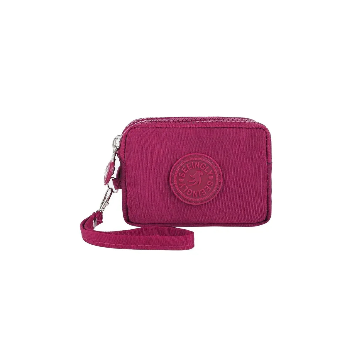 A magenta compact three-layer nylon zipper pouch with a circular logo on the front.