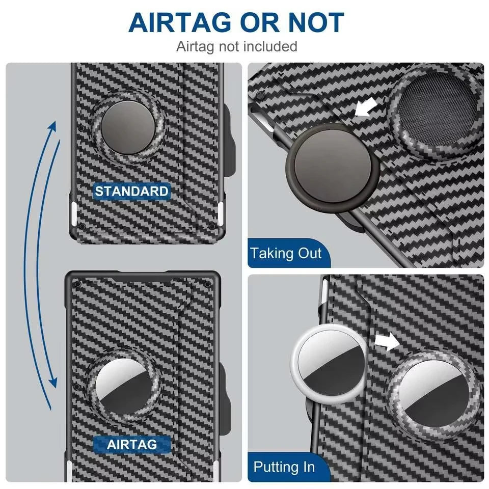 Diagramme montrant comment insérer et retirer un AirTag d'un portefeuille en fibre de carbone.