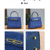 A blue multi-angle display of a leather tote bag with a crocodile pattern featuring gold hardware.
