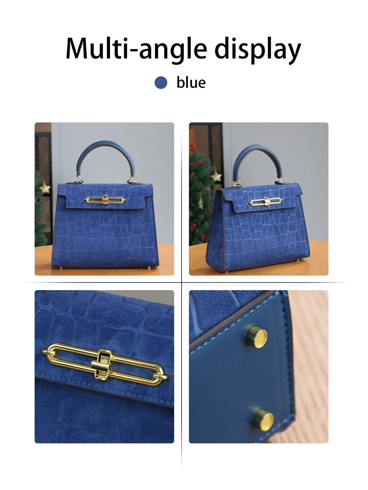 A blue multi-angle display of a leather tote bag with a crocodile pattern featuring gold hardware.
