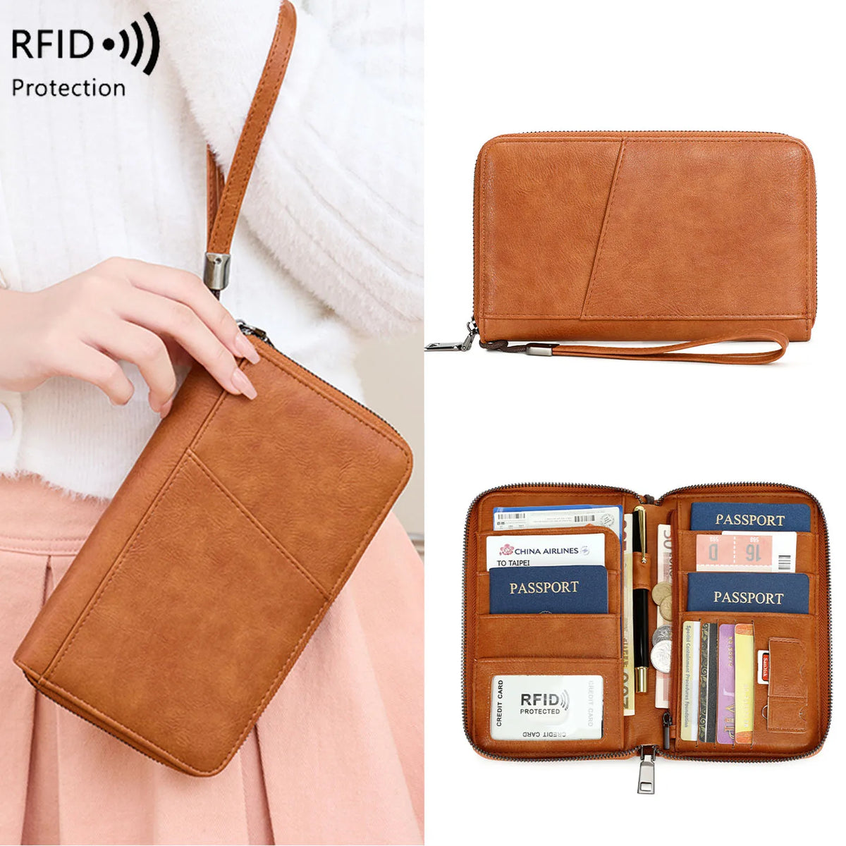 A brown leather RFID blocking travel wallet is shown being held by a hand, with an open view displaying passport and ID cards