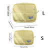 Aesthetic quilted puffer makeup bag shown in yellow color with size measurements for L and S.