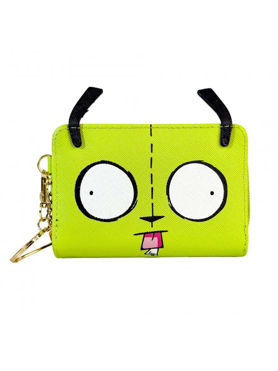 A bright lime green cartoon character coin purse wallet with large eyes and a small nose.