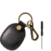 A brown MagSafe card wallet with a leather tag and a built-in pocket for an AirTag, attached to a metal keyring.