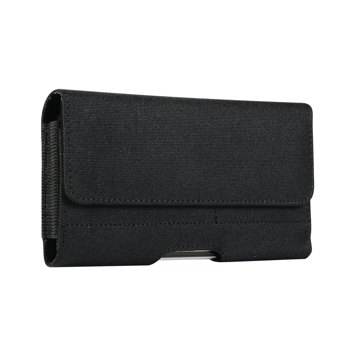 Black universal nylon phone pouch with a belt clip.