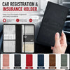 Black PU leather car registration and insurance holder with multiple pockets shown next to various colored covers