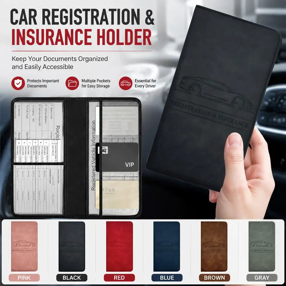 Black PU leather car registration and insurance holder with multiple pockets shown next to various colored covers