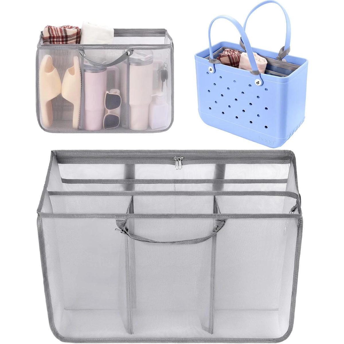 A set of mesh organizer inserts for extra-large tote bags shown in light gray and blue colors.