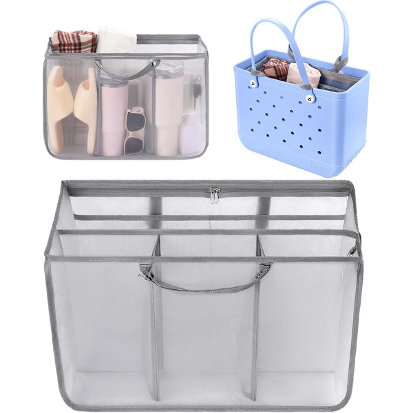 A set of mesh organizer inserts for extra-large tote bags shown in light gray and blue colors.
