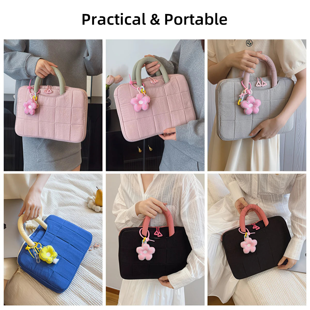Various views of a pink and gray quilted laptop sleeve or handbag for notebooks.