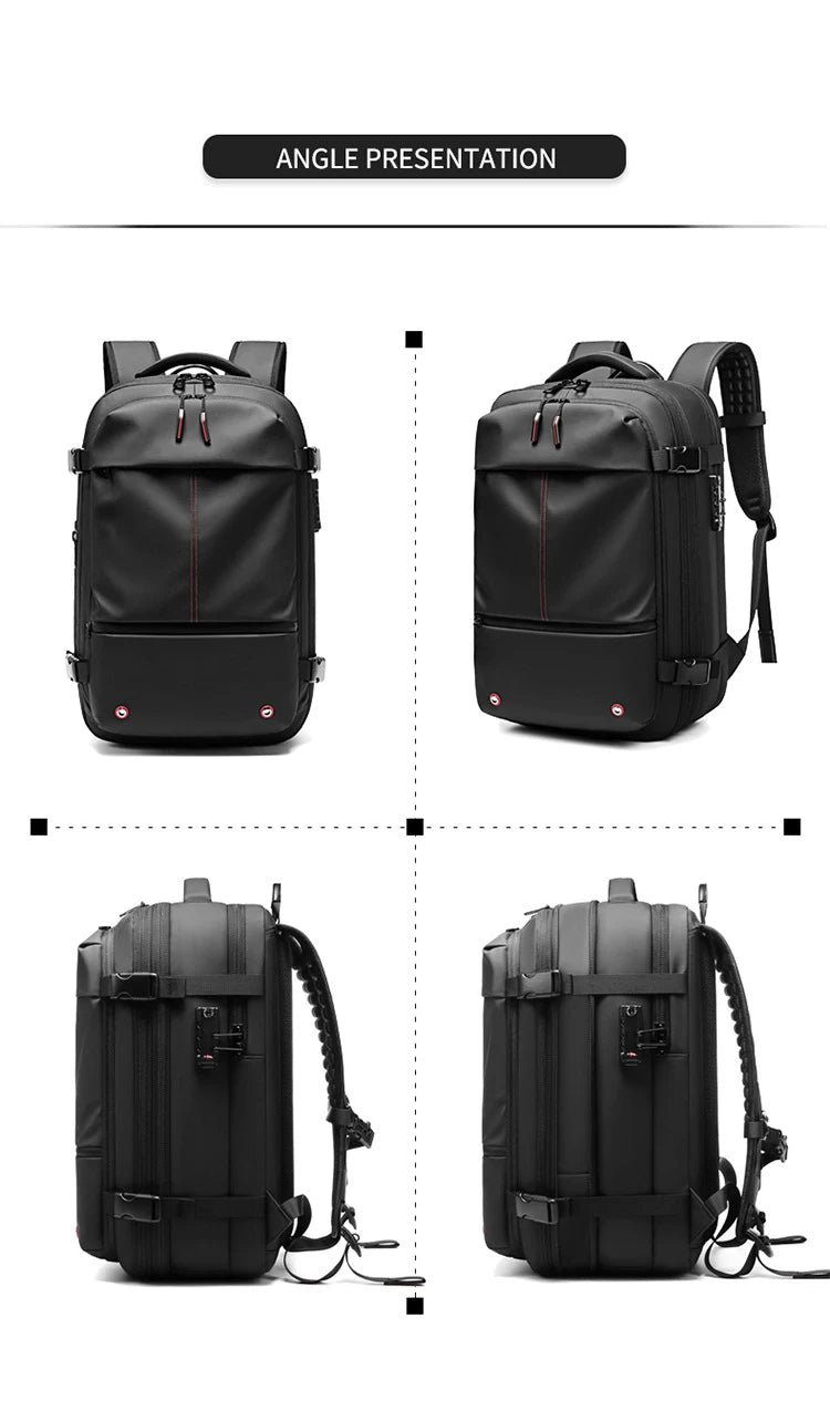 Black heavy duty laptop backpack shown in angle presentation with vacuum compression features.