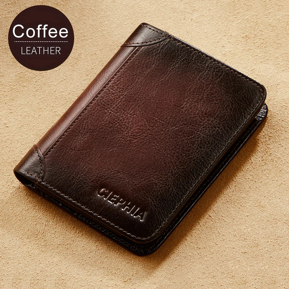 A dark brown genuine leather bifold wallet resting on a light beige surface.