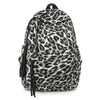 A black and white leopard print canvas backpack.