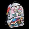 A grey and white hip-hop street style backpack featuring various graffiti and graphic designs.