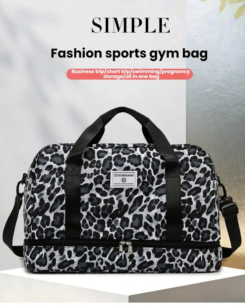 A black and white leopard print sports gym bag with a handle and zippered compartment.