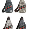 A gray patterned crossbody sling bag with brown straps and red and green stripes.