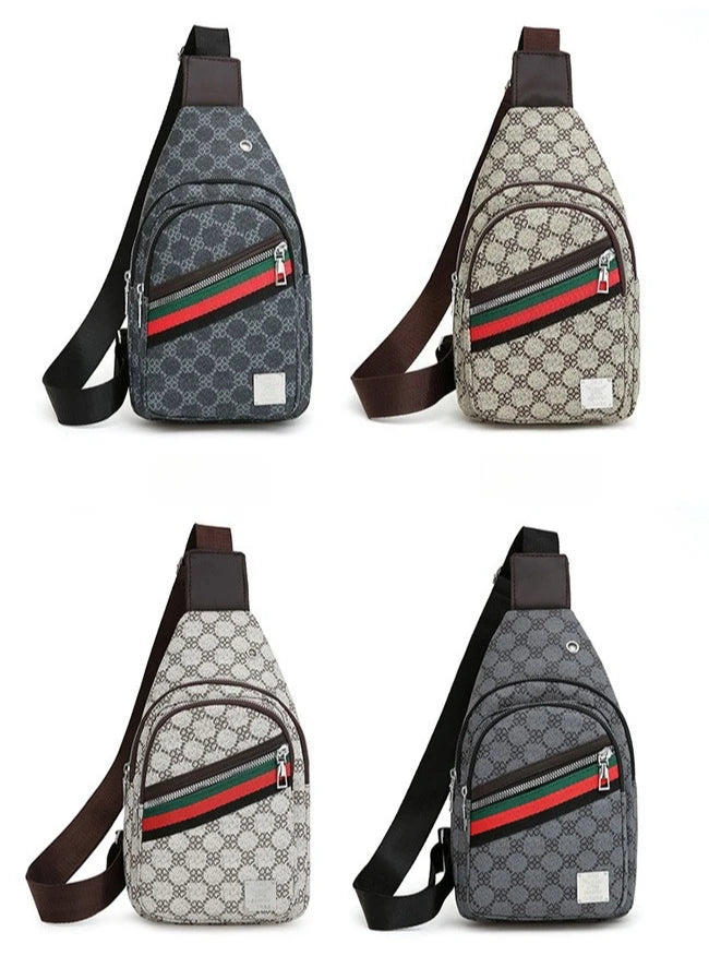 A gray patterned crossbody sling bag with brown straps and red and green stripes.