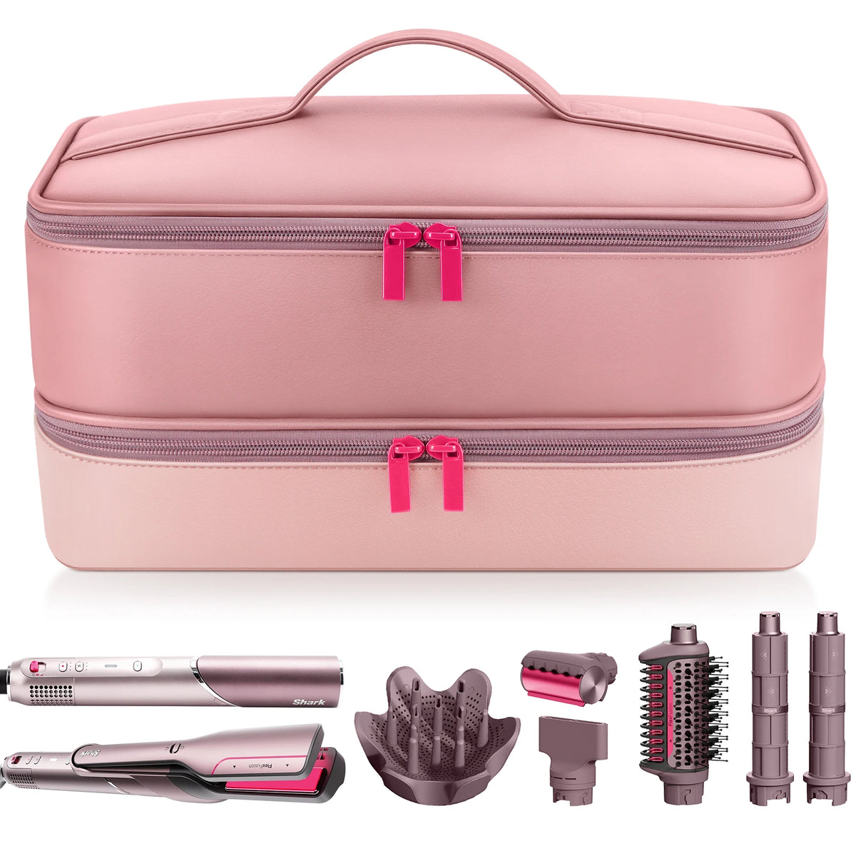 A pink double-layer storage case for a hair dryer and various accessories like a dryer, nozzle, and brush attachments.