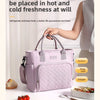 A pink quilted insulated lunch bag is shown next to fresh food items, demonstrating its ability to keep food fresh.