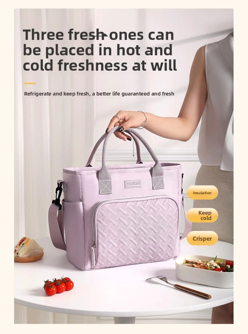 A pink quilted insulated lunch bag is shown next to fresh food items, demonstrating its ability to keep food fresh.