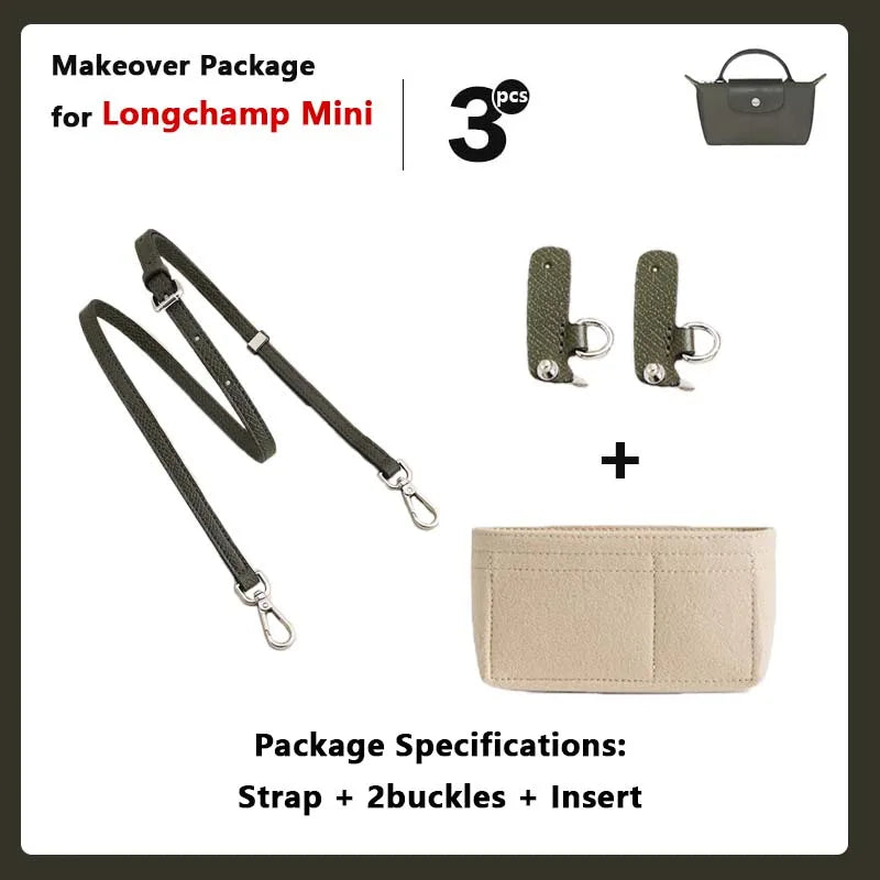Makeover package for Longchamp Mini featuring a leather crossbody strap, two buckles, and an insert.