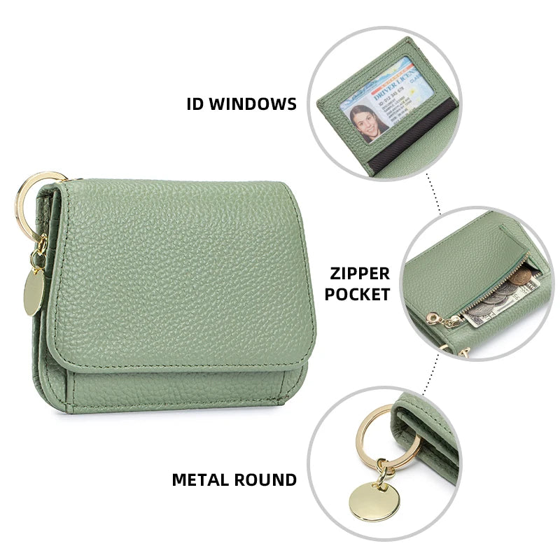A light green genuine leather slim tri-fold wallet featuring ID windows, a zipper pocket, and a metal round charm.