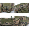 Close-up views of a green and brown camouflage tactical waist pack with adjustable straps and buckles.