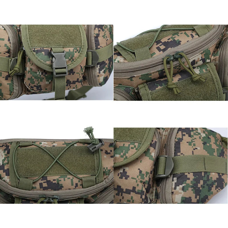 Close-up views of a green and brown camouflage tactical waist pack with adjustable straps and buckles.