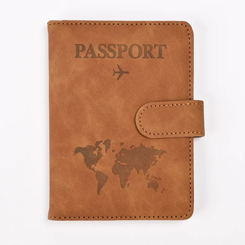 A brown genuine PU leather passport and ticket wallet cover with a world map design.