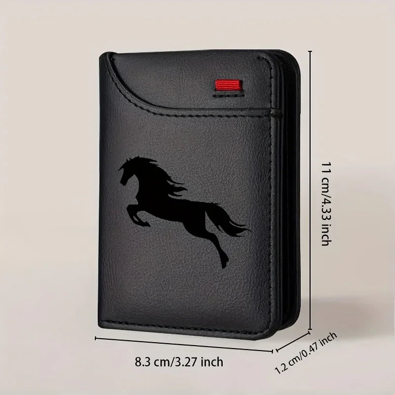 Black faux leather card holder wallet with a silhouette of a running horse embossed on the front