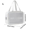 A white clear waterproof travel toiletry bag with a handle shown from the front.