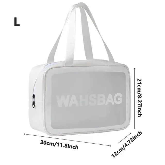 A white clear waterproof travel toiletry bag with a handle shown from the front.