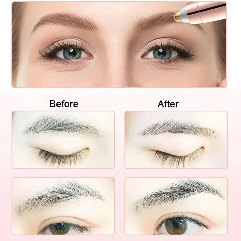 Before and after comparison showing the results of an electric eyebrow trimmer on eyebrows and eyes.