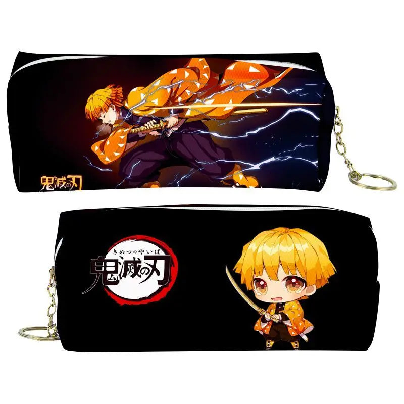 Black PU leather pencil case featuring a Demon Slayer theme with an orange and yellow character design.