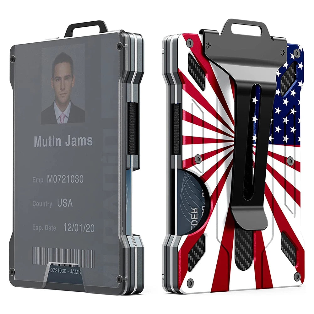 A slim aluminum metal ID card wallet featuring a patriotic design with red, white, and blue stripes and stars.