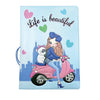 A light blue passport cover featuring a cartoon girl riding a pink motorcycle with a white puppy, surrounded by heart shapes 