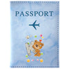 Light blue passport card holder with a vintage letter print featuring an airplane and a bear silhouette.