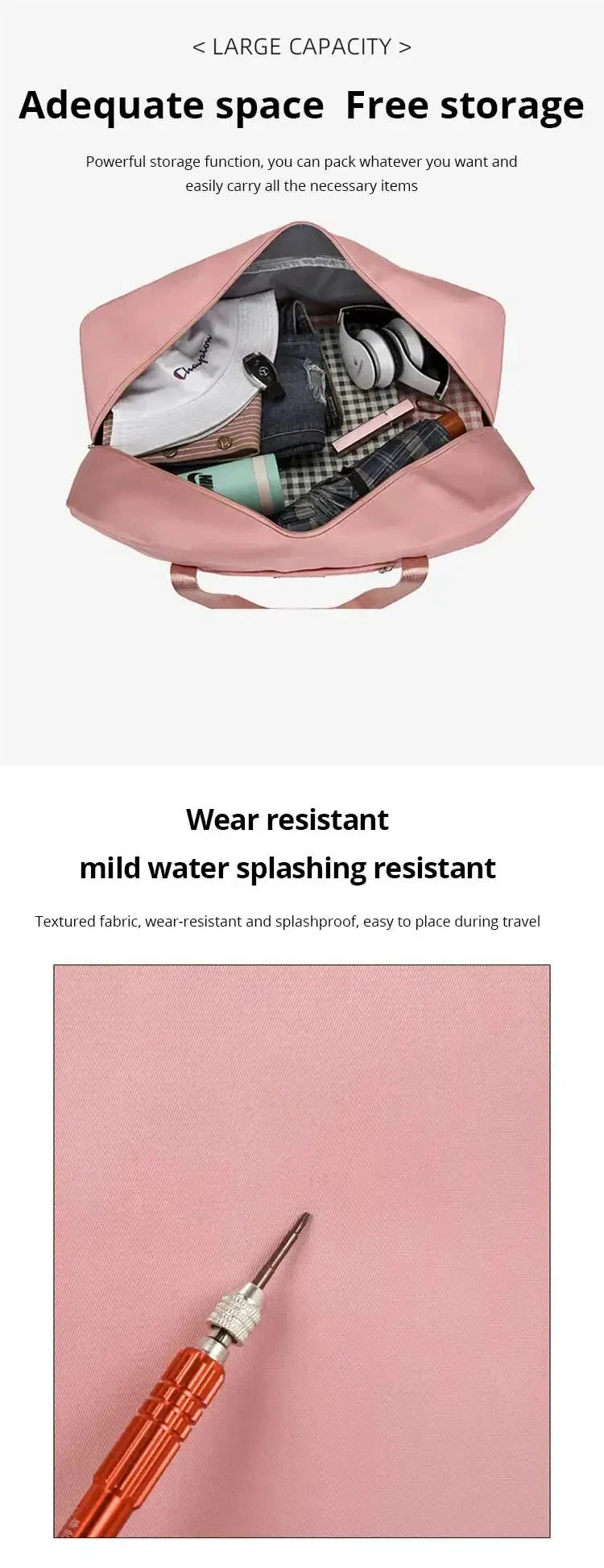 A pink canvas travel storage bag open showing various items like headphones and accessories.
