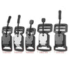 A set of black magnetic quick release buckles for belts and bags shown with various sizes.