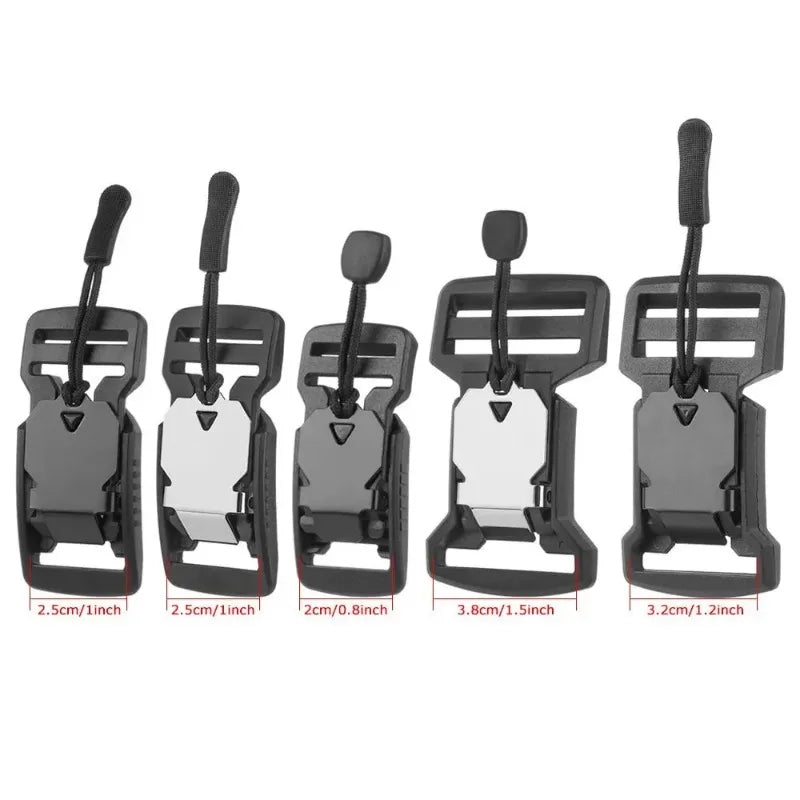 A set of black magnetic quick release buckles for belts and bags shown with various sizes.